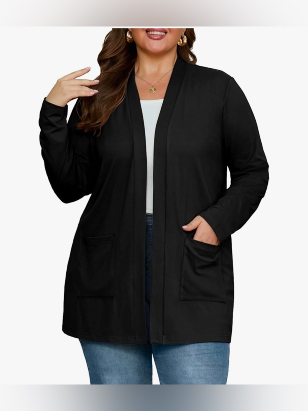 Plus Size Open Front Dark Green Cardigan with Pockets